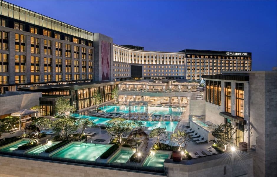 Paradise City hotel buildings and outdoor pool complex