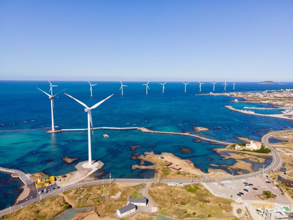 Wind turbines, coast and road at Sinchang