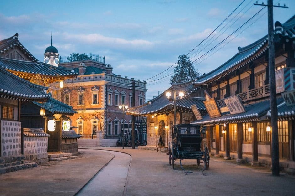 Historic-style street and set buildings inside Sunshine Studio